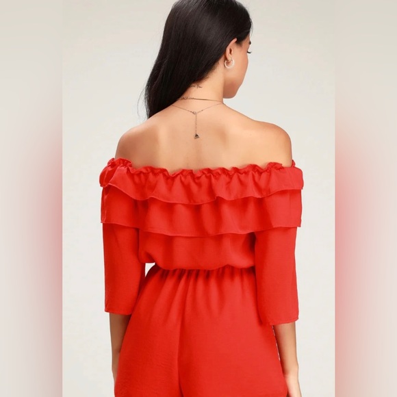 NWT Jack by Bb Dakota Showstopper Red Ruffled Off-the-Shoulder Romper. Size L - Picture 7 of 7